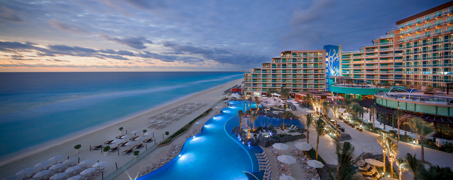 Landscape view of the Hard Rock Hotel Cancun and the beach