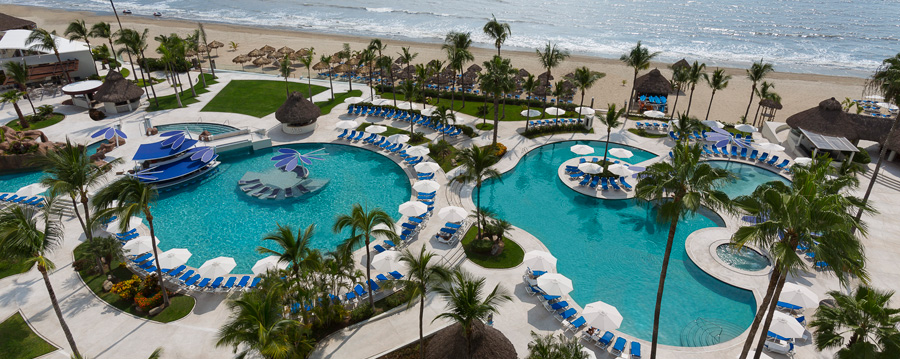 Gorgeous view of the swimming pools and the beach at our Hard Rock Hotel Vallarta